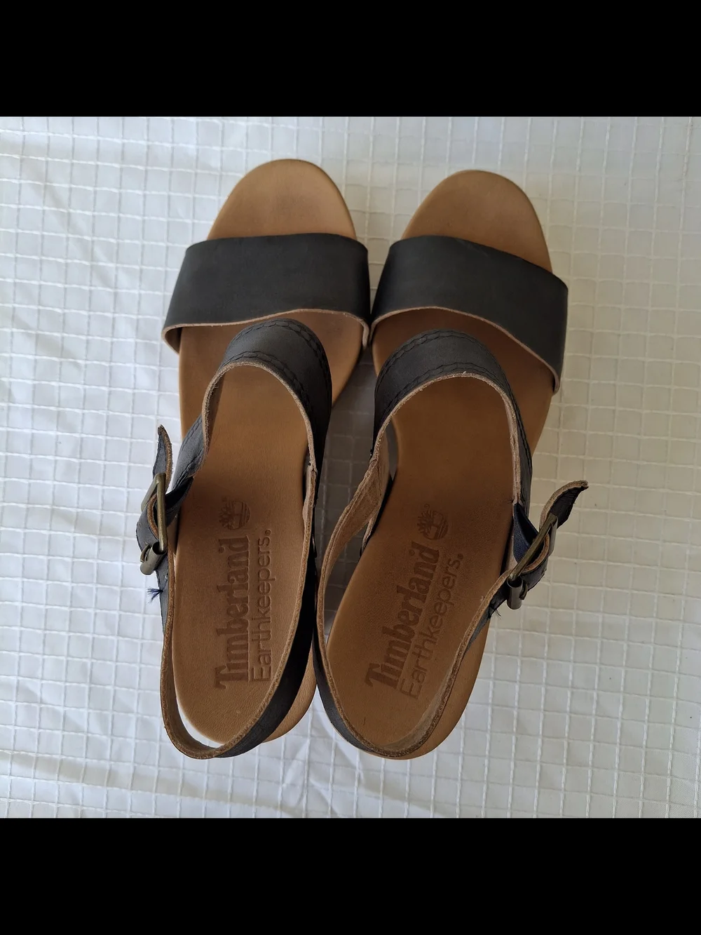 Timberland Women's Black Leather Wedge Sandals with Buckle Strap Size 8
